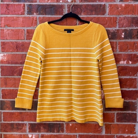 Tahari Womens Small Mustard Yellow Stripe Cuff Rolled Sleeve Sweater - Picture 1 of 9